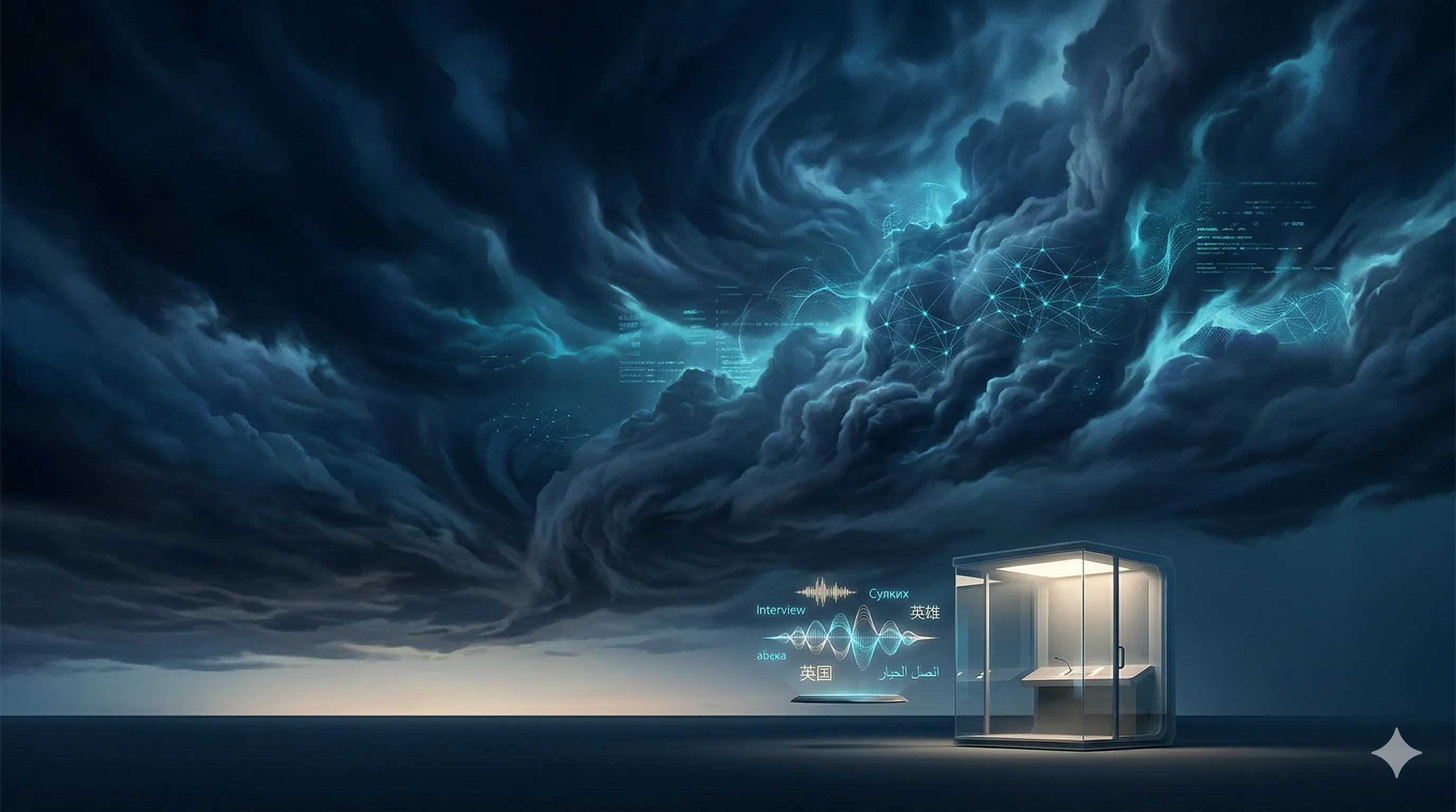 Cabina di interpretazione illuminata sotto un cielo tempestoso con onde sonore multilingue