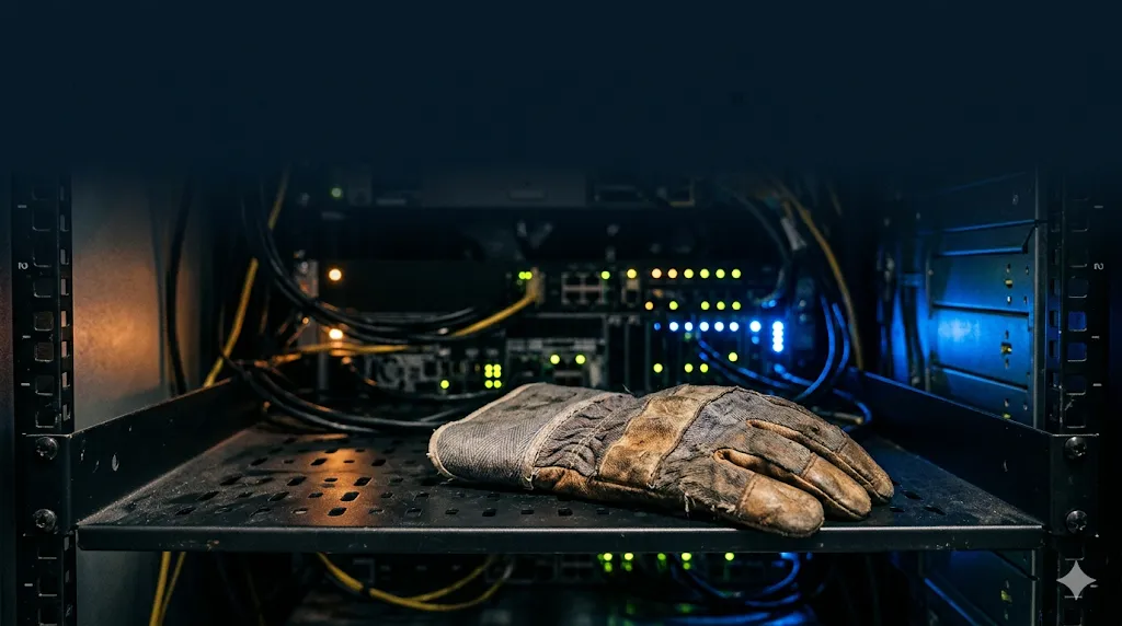 Un gant de travail usé posé sur l'étagère d'une baie serveur, avec switches réseau, câbles patch et LED allumées en arrière-plan