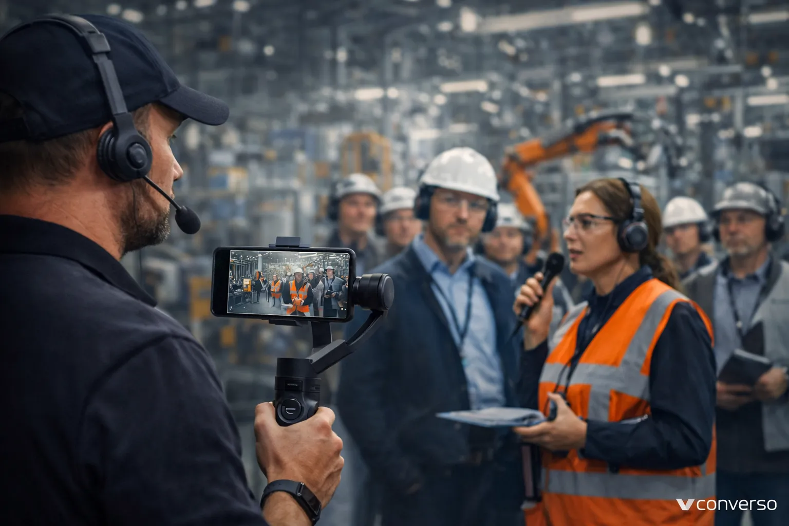 Operatore Converso riprende un factory tour industriale con smartphone su gimbal durante un evento multilingua