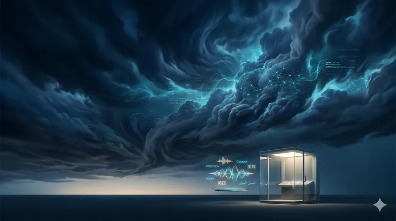 Cabine d'interprétation illuminée sous un ciel orageux avec des ondes sonores multilingues